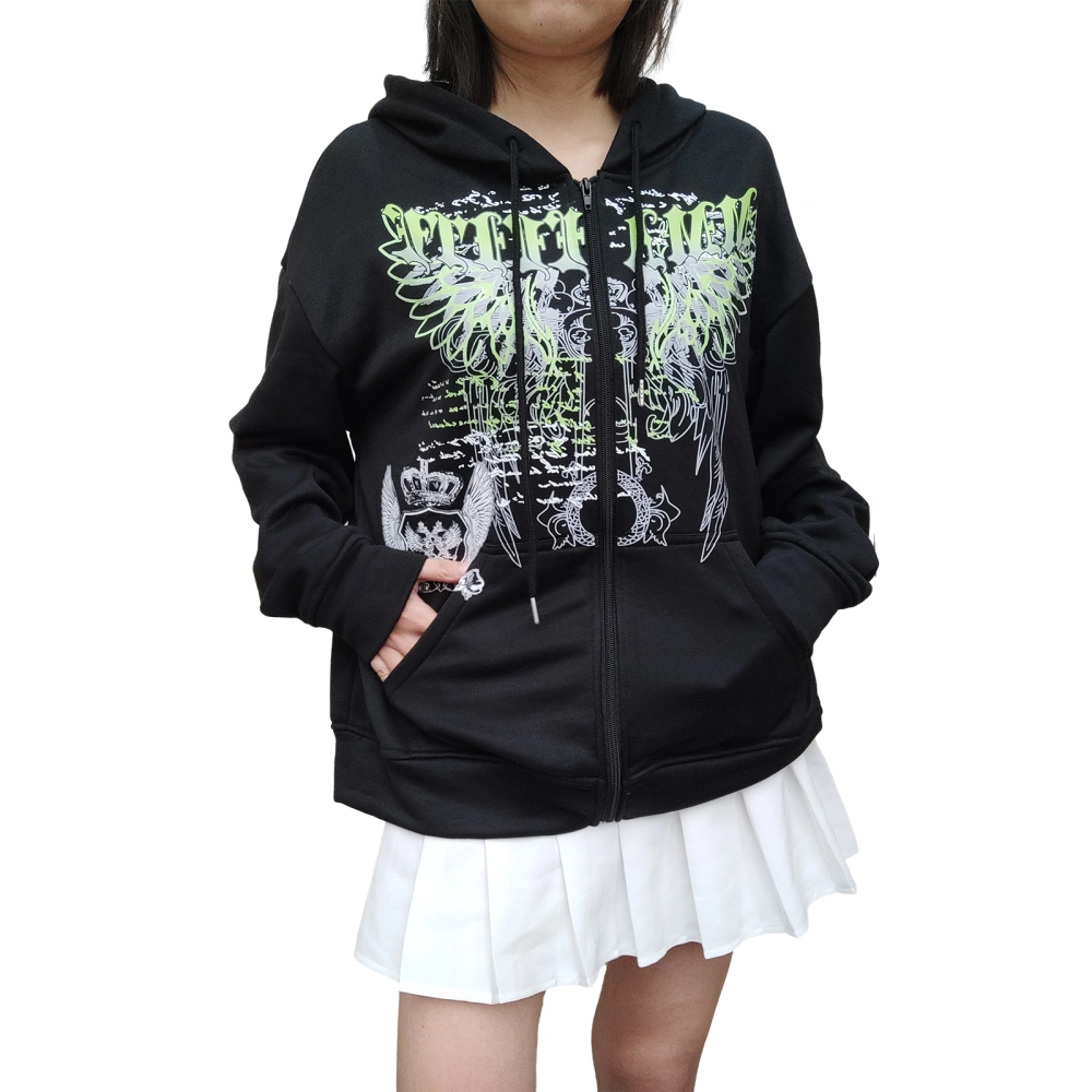 Women Long Sleeve Pattern Print Zip Up Gothic Hooded Coat with Pockets