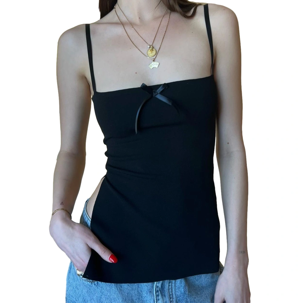 Women's Slim Cami Tops Mini Satin Bowknot Front Spaghetti Strap Vest