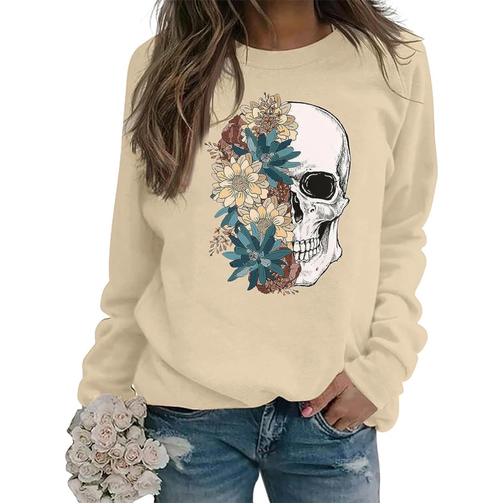 Women Halloween Sweatshirt Vintage Skull Print Loose Fit Pullover Tops