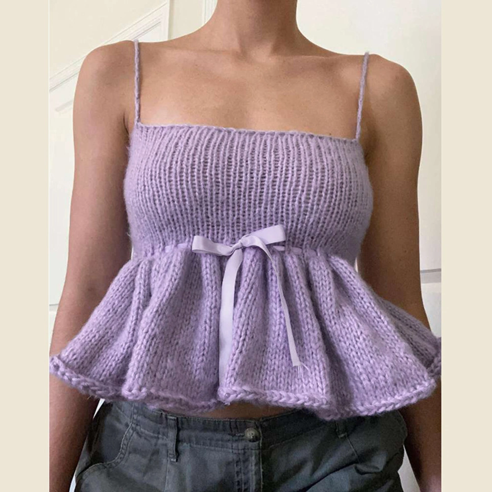 Women Autumn Winter Purple Sleeveless Open Back Bow Knit Camisole