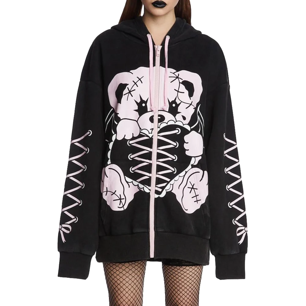 Women Zip Hoodies Bear Print Long Sleeve Aesthetic Sweatshirt Jacket