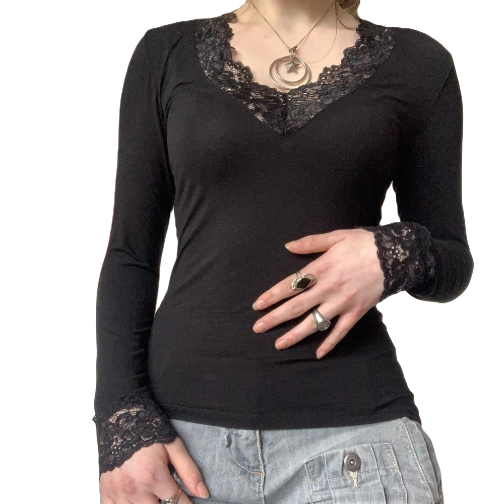 Women Lace Shirt Fairy Grunge V Neck Long Sleeve Slim Fit Crop Tops