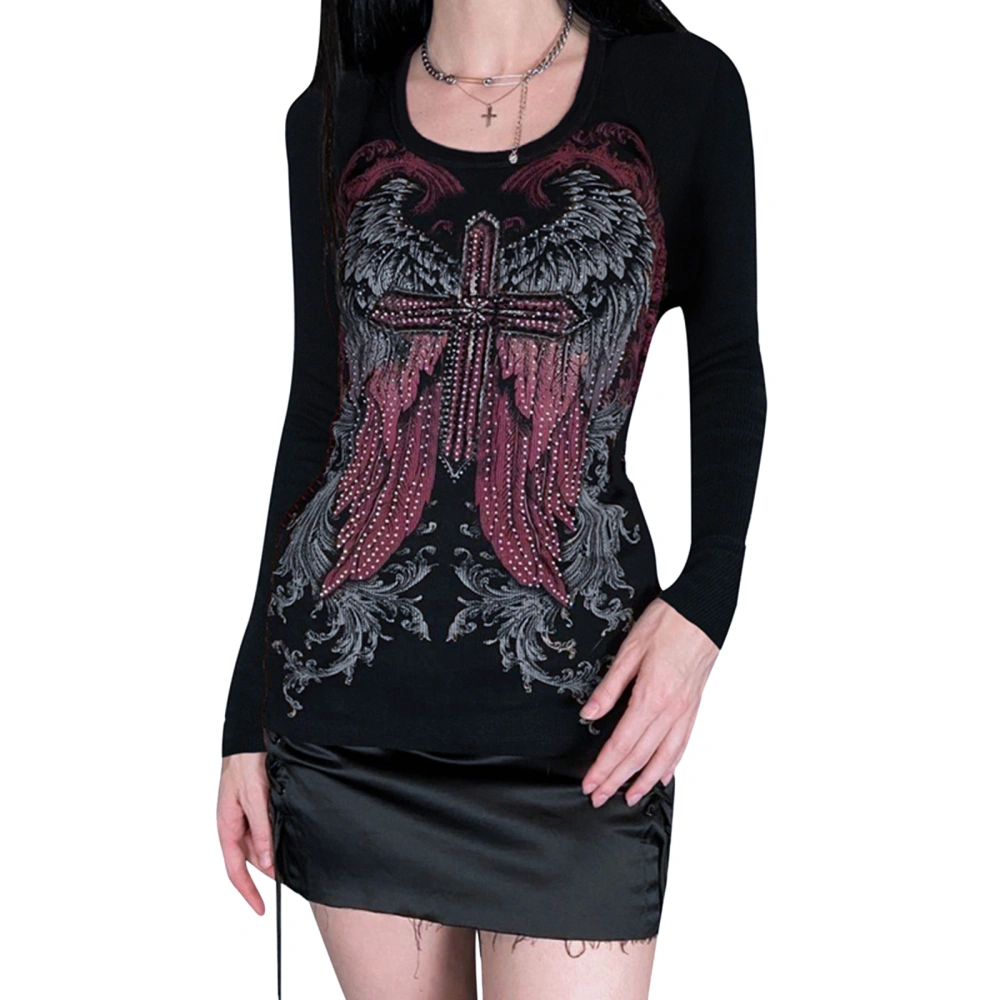 Women's Slim Gothic Tops Rhinestone Wing Print Long Sleeve T-shirt