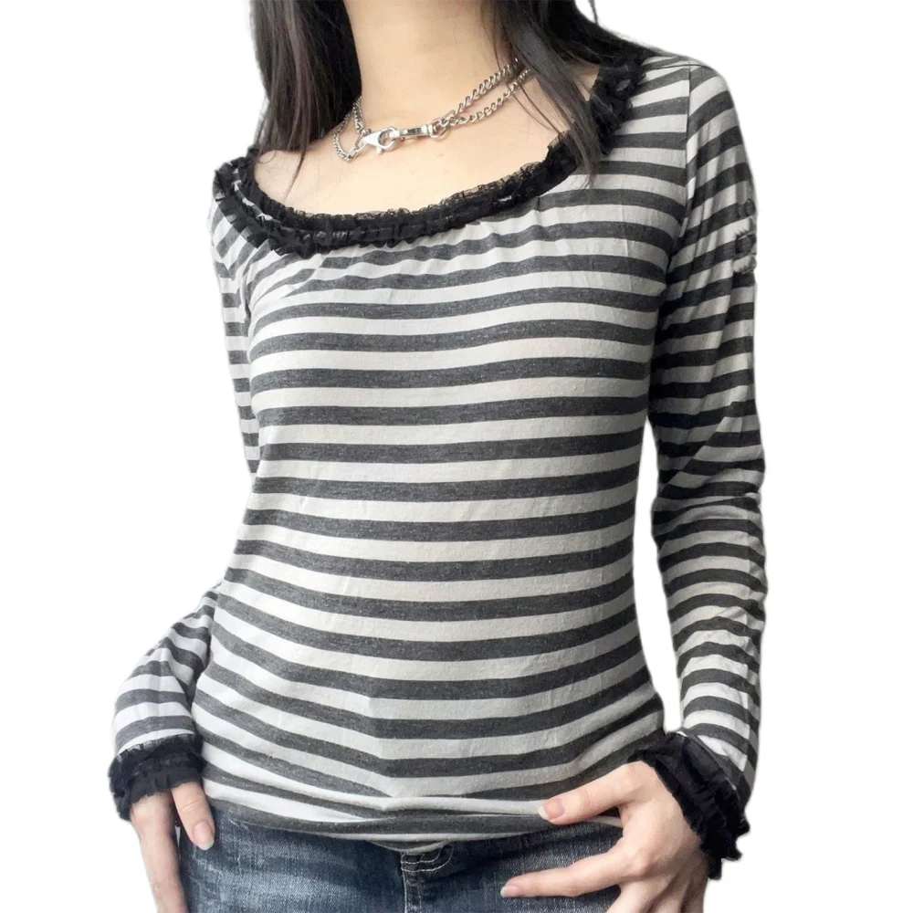 Women's Spring Long Sleeve Lace Trim Black White Striped T-shirt