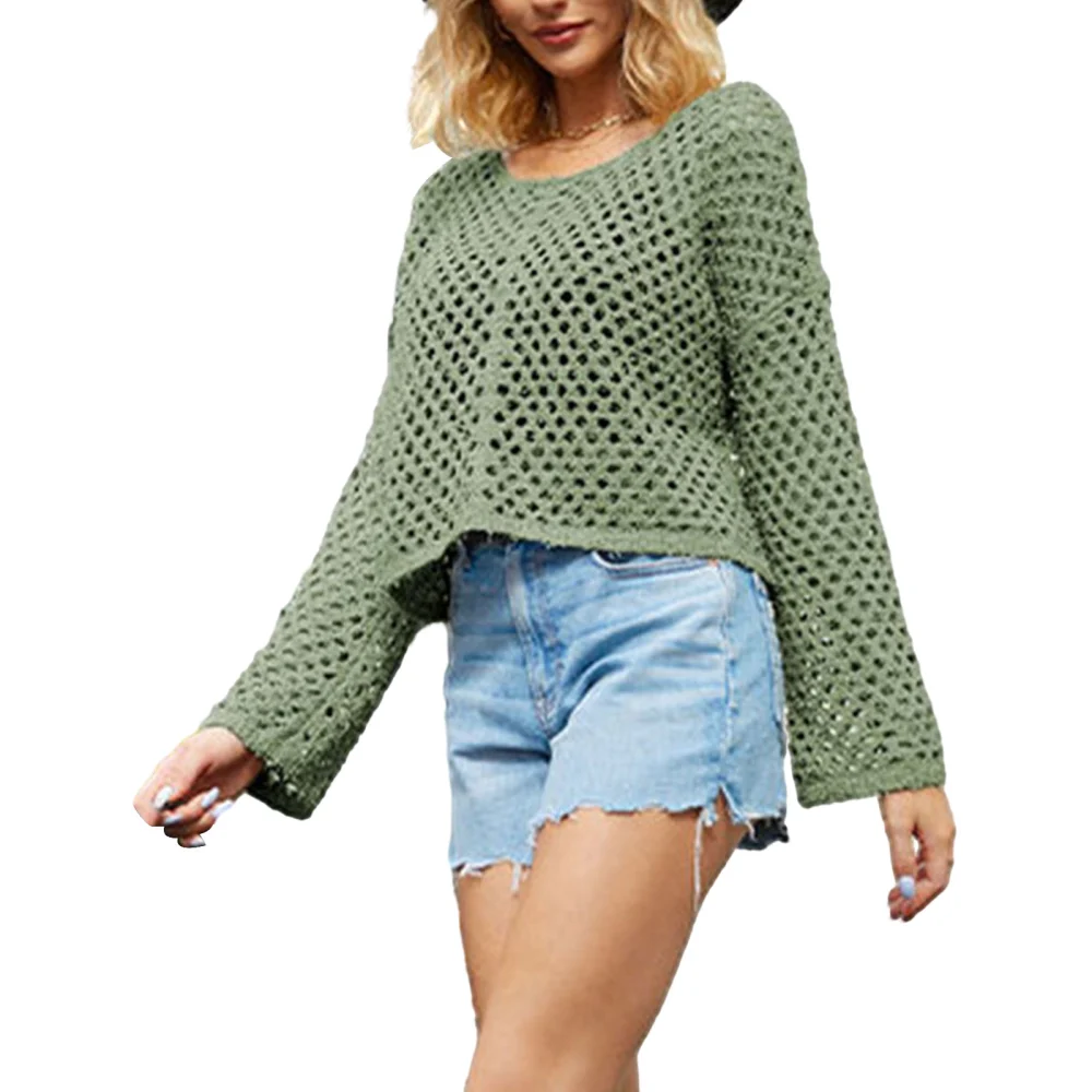 Women Loose Short Knit Sweater Solid Color Hollow-Out Pullovers