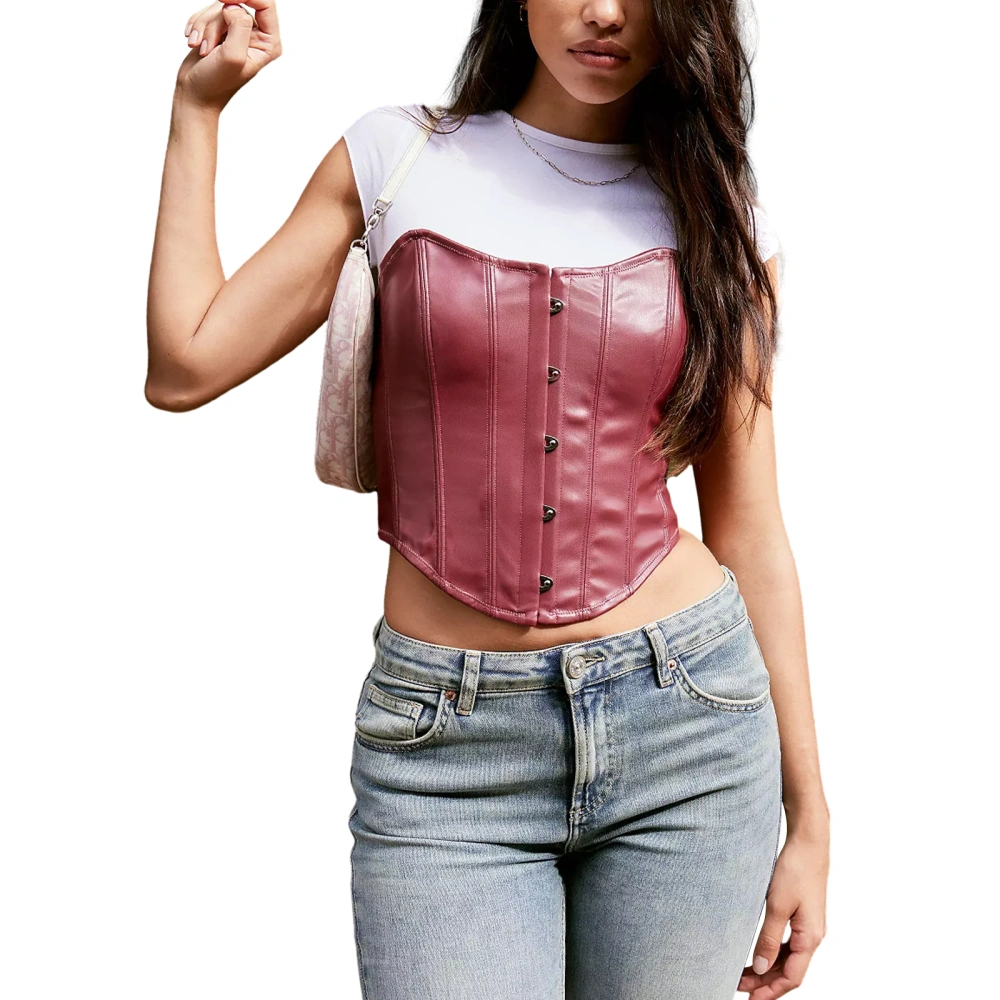 Women's PU Leather Corset Tube Tops, Low Cut Central Clasp Bandeau