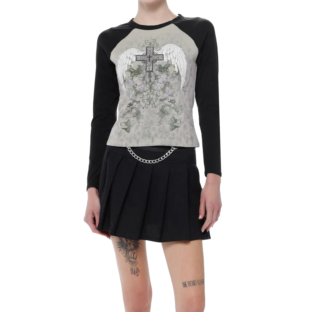 Women's Slim Gothic Tops Wing Print Long Sleeve Grunge T-shirt