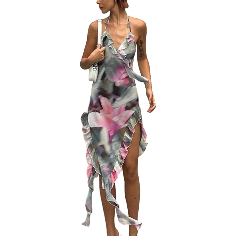 Women Halter Neck Dress Tie-Dye Print Irregular Ruffled Party Dress 