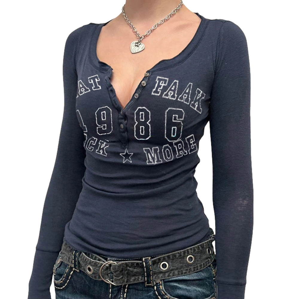 Women's Autumn Long Sleeve Letter Print Button Up Slim Fit T-shirts