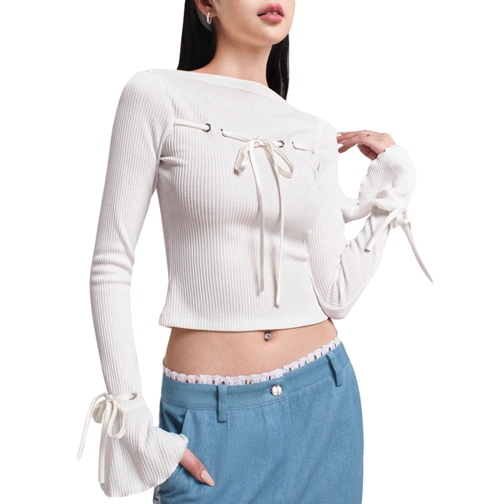 Women Crop Ribbed Tops Bow Bandage Long Sleeve Shirt Casual Pullovers 