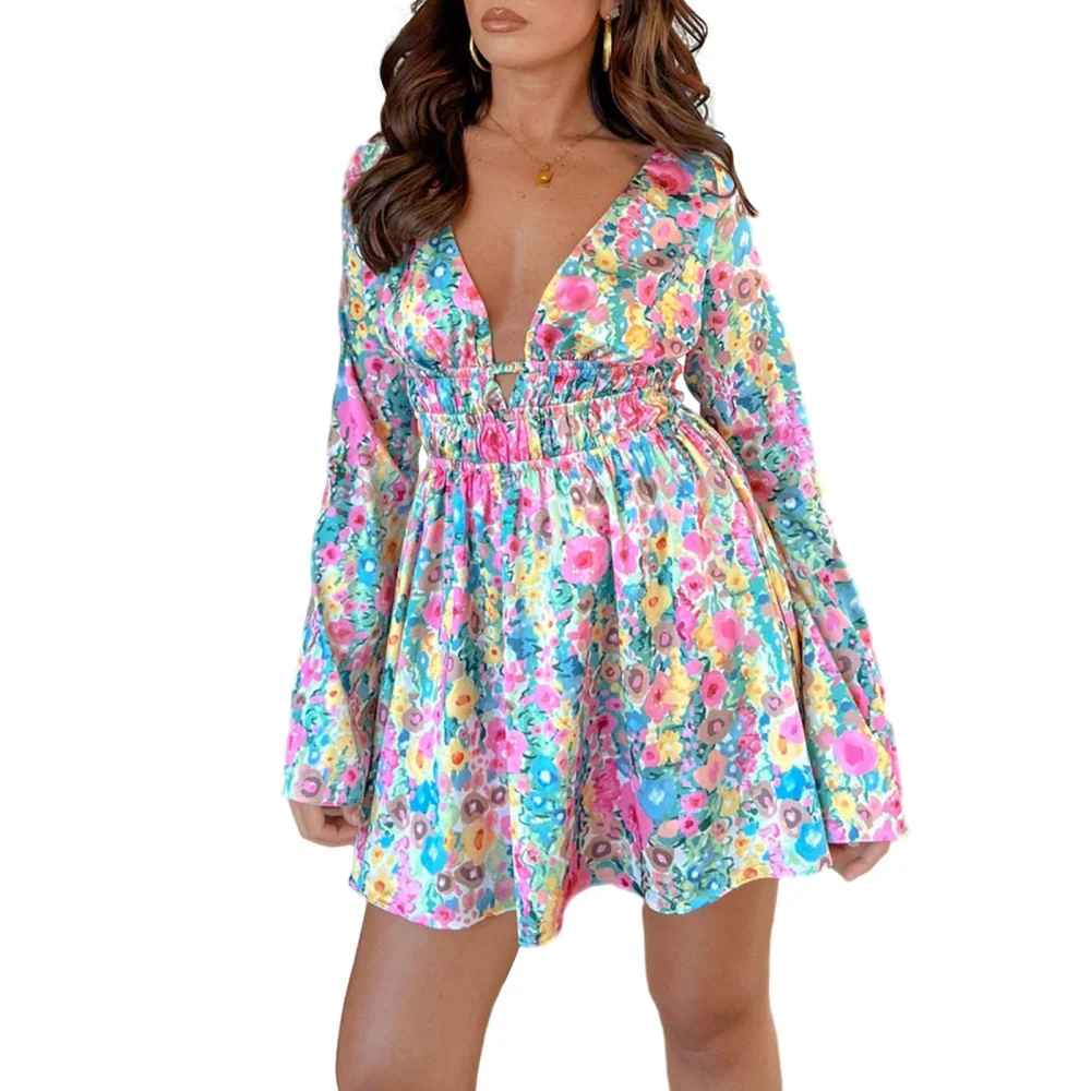 Women's A-Line Dress Floral Print Long Sleeve V-Neck Tunic Waist Dress