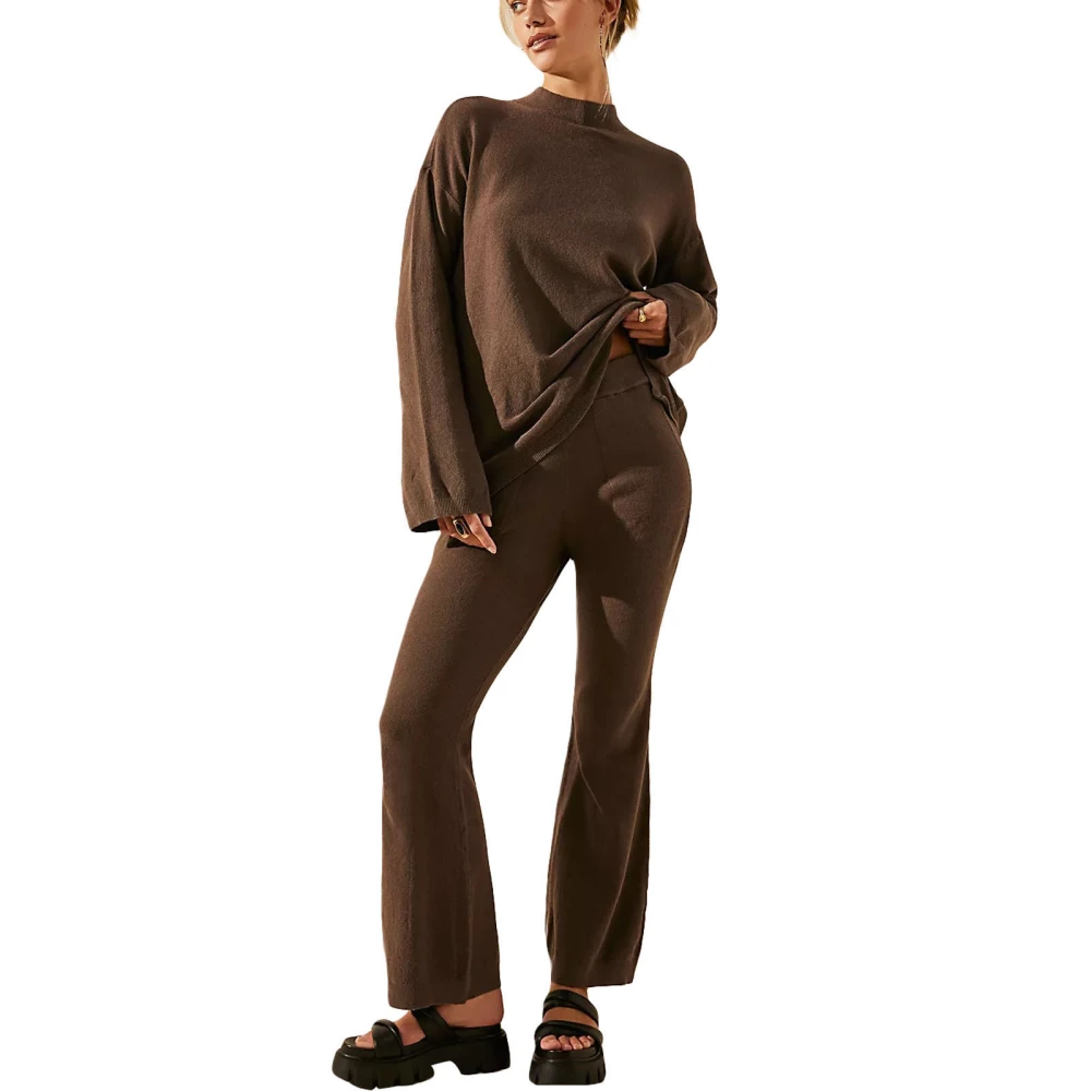 Women’s Two Piece Outfits Set Mock Neck Knit Tops and Bootcut Pants