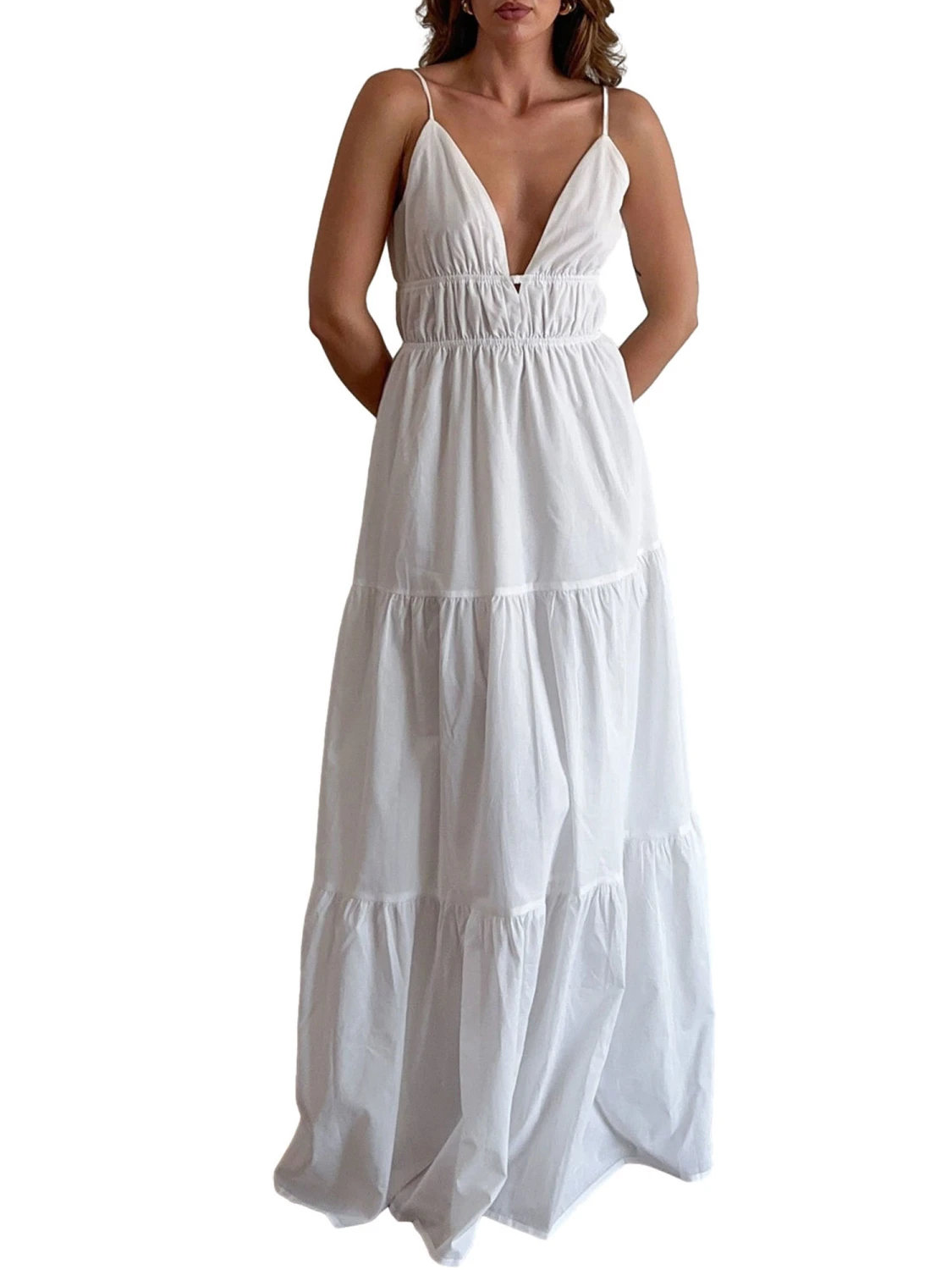 Women Summer Casual Long Dress Solid Color V-Neck Cami Dress