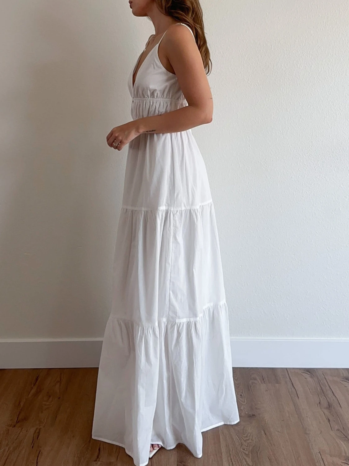 Women Summer Casual Long Dress Solid Color V-Neck Cami Dress