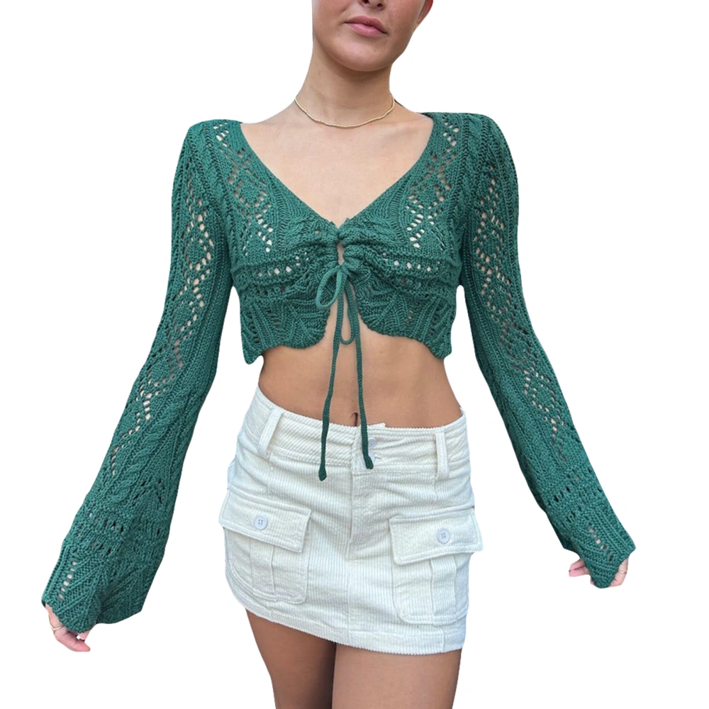 Women Knit Tops, Long Sleeve V Neck Drawstring Hollowed Crop Top