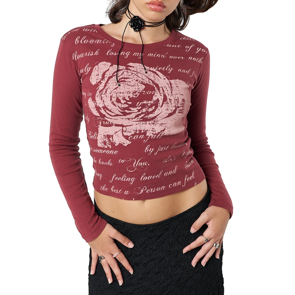 Women's Long Sleeve Crewneck Graphics Print Slim Fit Crop Tops