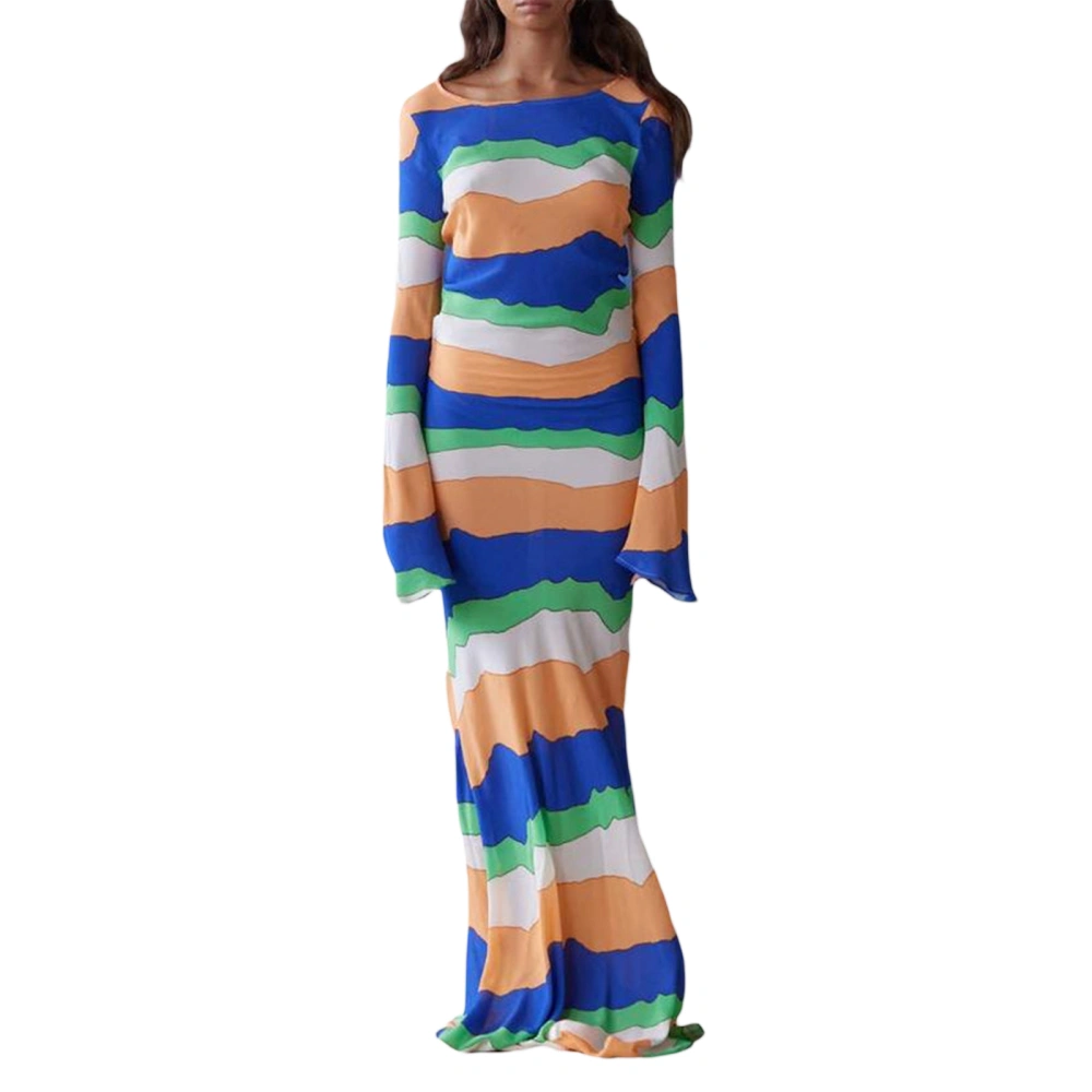 Women Long Bodycon Dress Stripe Round Neck Long Sleeve Dress