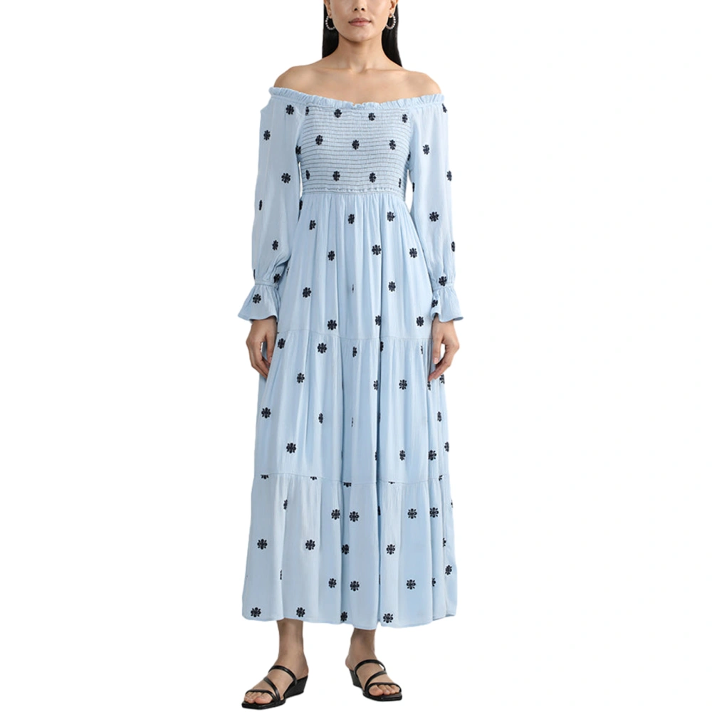 Women's Off-Shoulder Dress Flower Print Long Sleeve Midi Dress