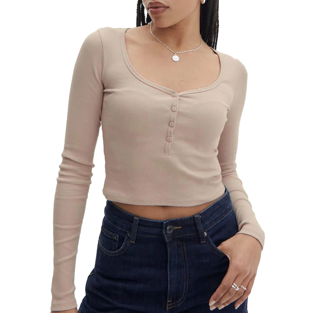 Women Long Sleeve Crop Tops Solid Color Scoop Neck Casual T-Shirts