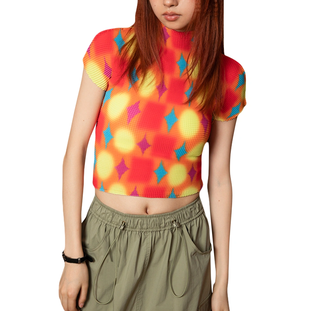 Women's Summer Baby Tee Short Sleeve Mock Neck Print Crop Tops