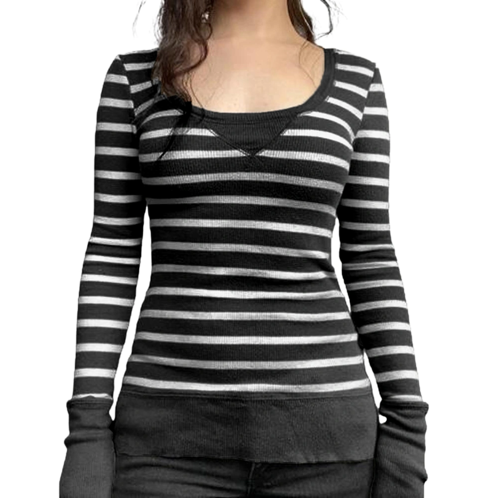 Women's Stripe Print Knit Tops Scoop-Neck Long Sleeve Tee Tops