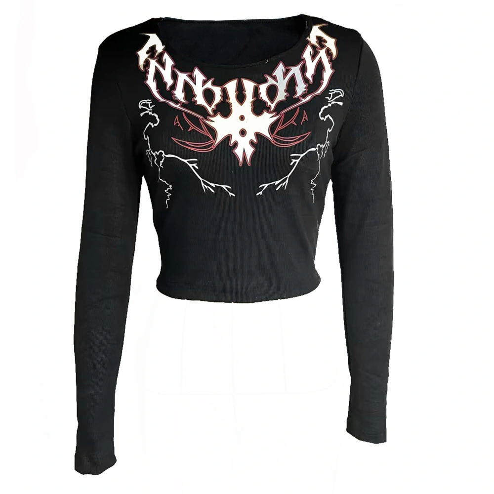 Women T-shirt, Long Sleeve Crew Neck Totem Print Ladies Crop Top