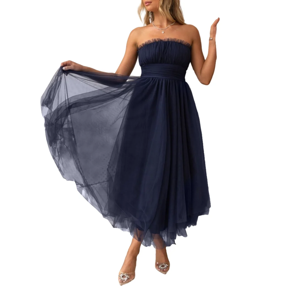 Women Strapless Tulle Dress Solid Color Summer Backless Party Dress 