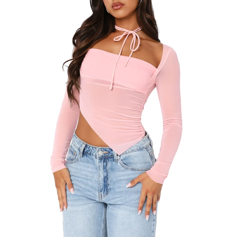 Women T-shirt Square Neck See-through Asymmetric Tops with Choker