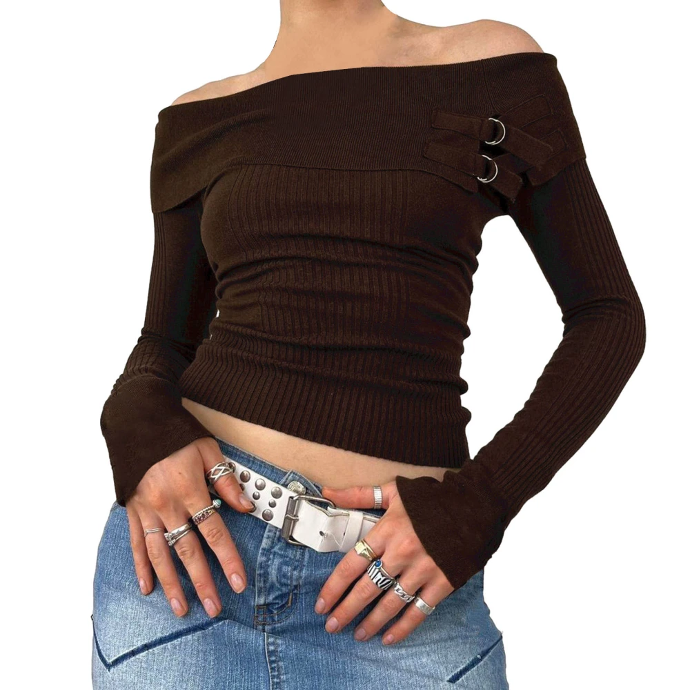 Women's Solid Color Ribbed Off-Shoulder Long Sleeve Knitwear