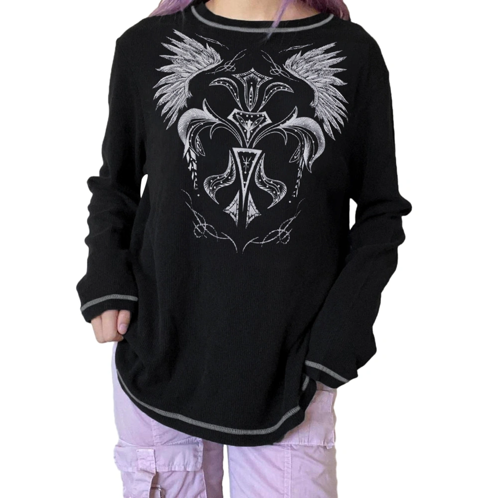 Women's Loose Gothic Tops Wing Print Long Sleeve Grunge Pullover