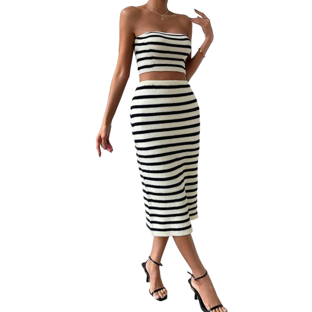 Women’s 2 Piece Knit Outfits Striped Print Tube Tops + Long Skirt Set