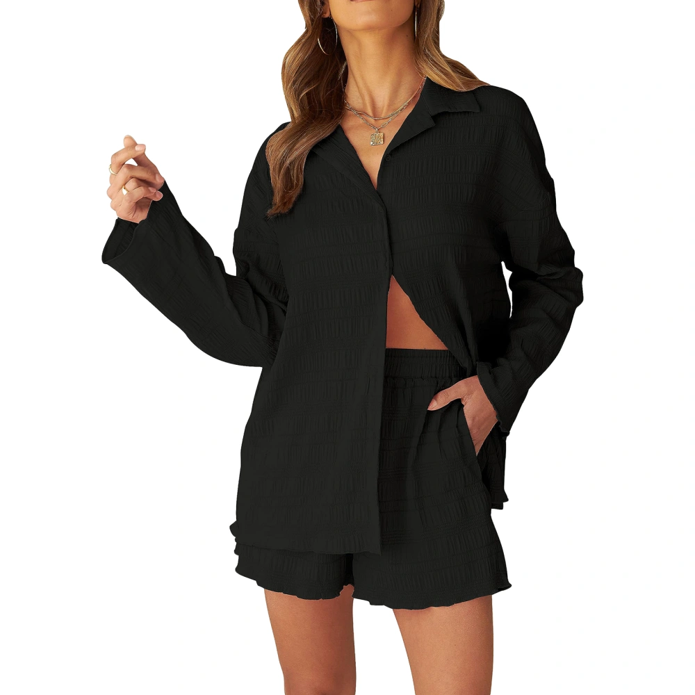 Women Shorts Set, Pleated Long Sleeve Shirt with Elastic Waist Shorts