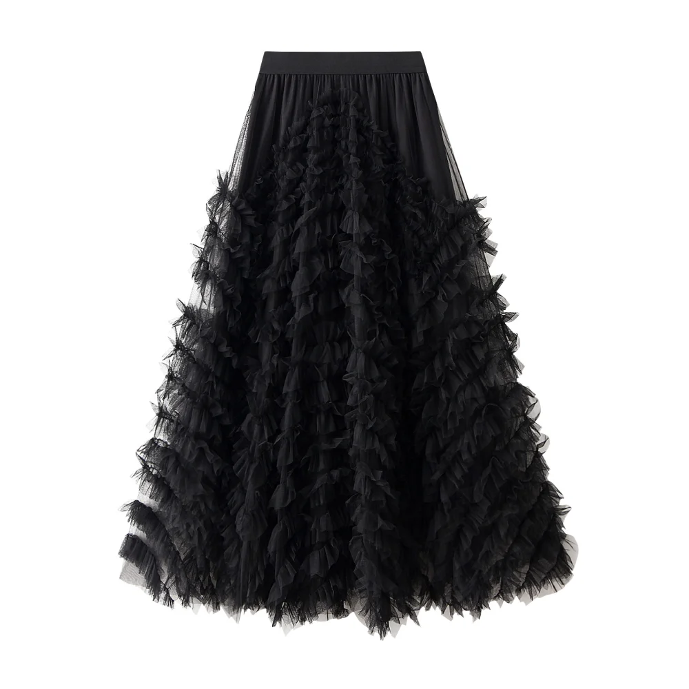 Women Long Skirt Multilayer Mesh Pleated Solid Color Cake Skirt