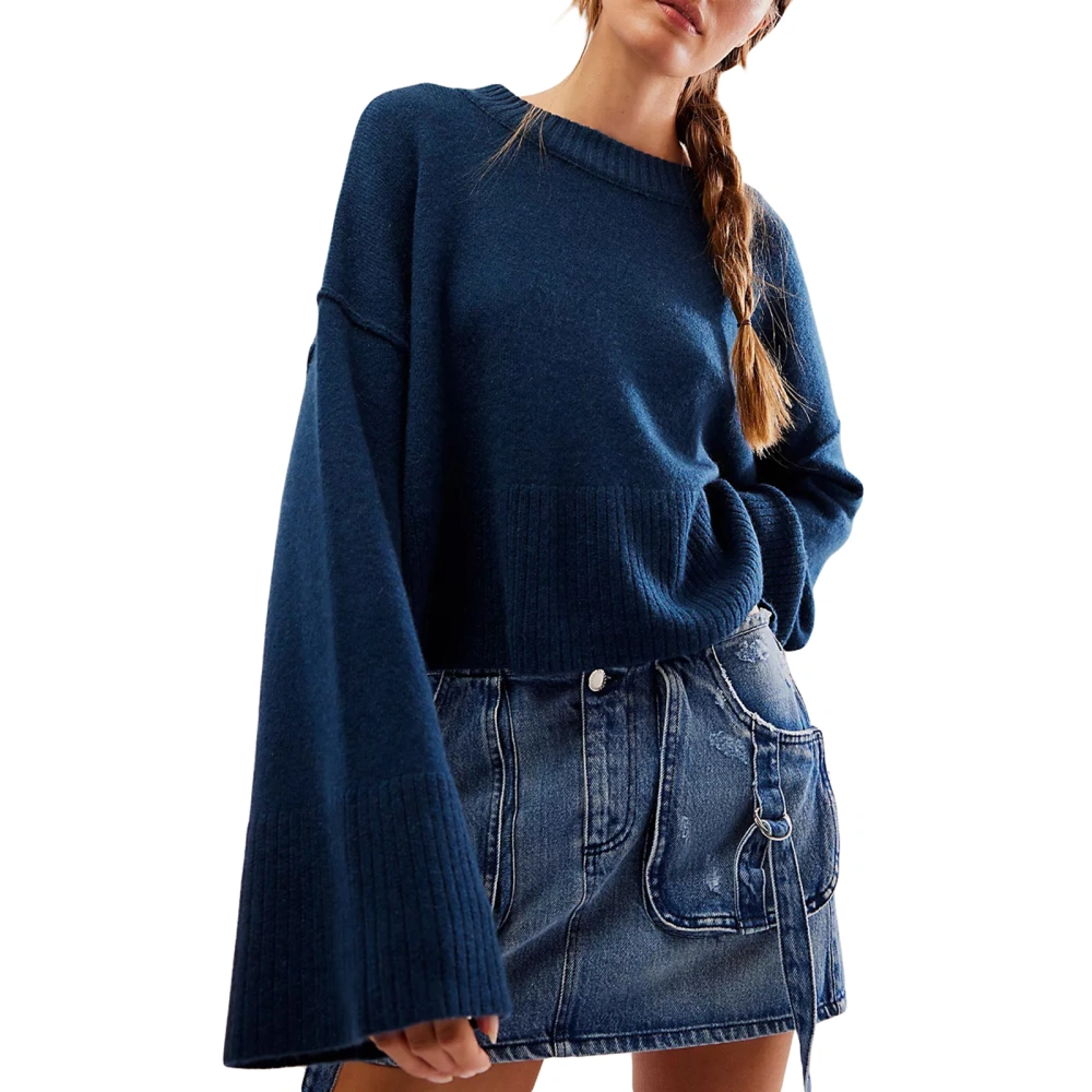 Women's Autumn Winter Long Flared Sleeve Solid Color Knit Sweater