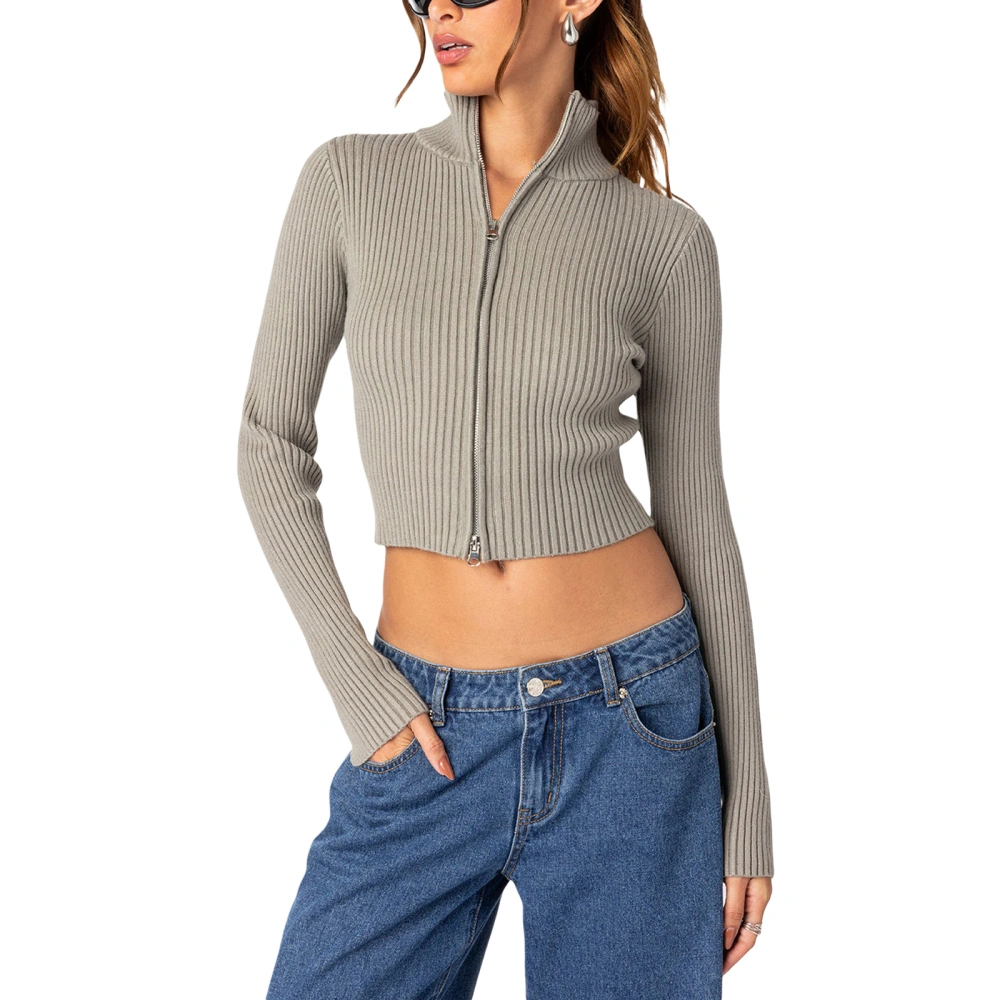 Women Slim Cropped Knit Sweater Solid Color Zip-Up Pullovers