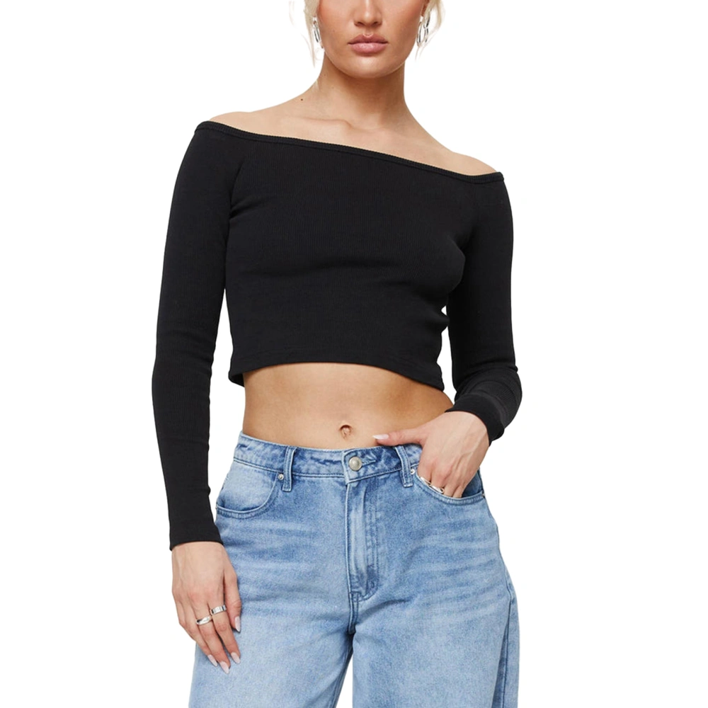 Women's Off-Shoulder Crop Tops Solid Long Sleeve T-Shirt for Summer