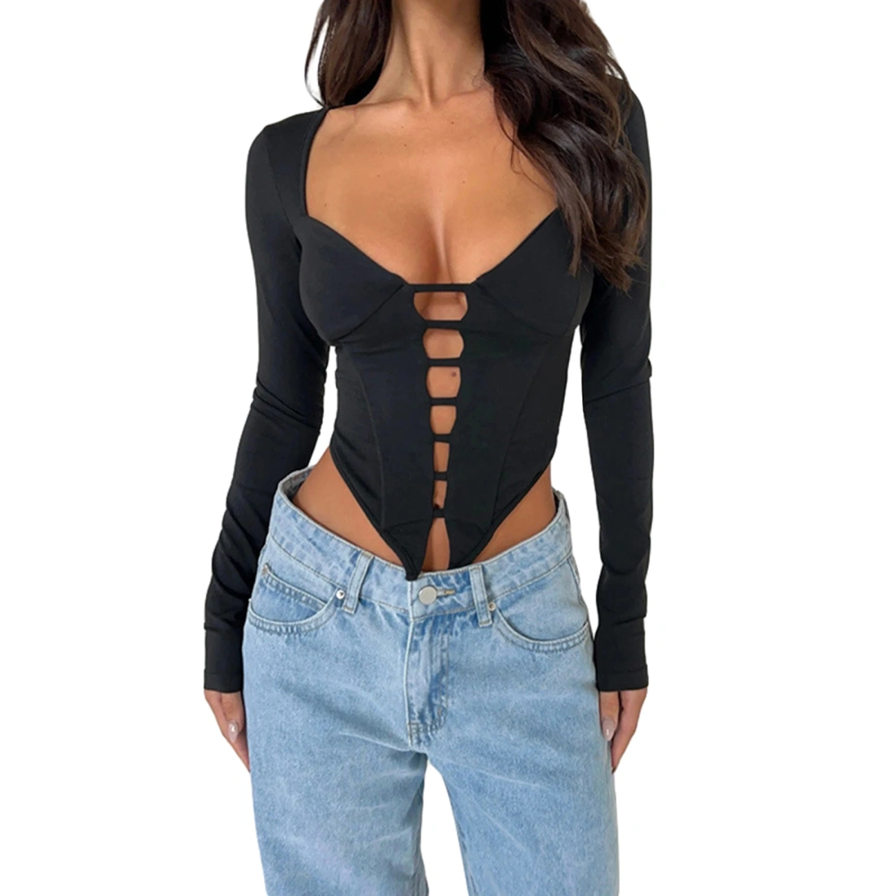 Women's Black Long Sleeve Front Hollow Out Cropped Going Out Tops