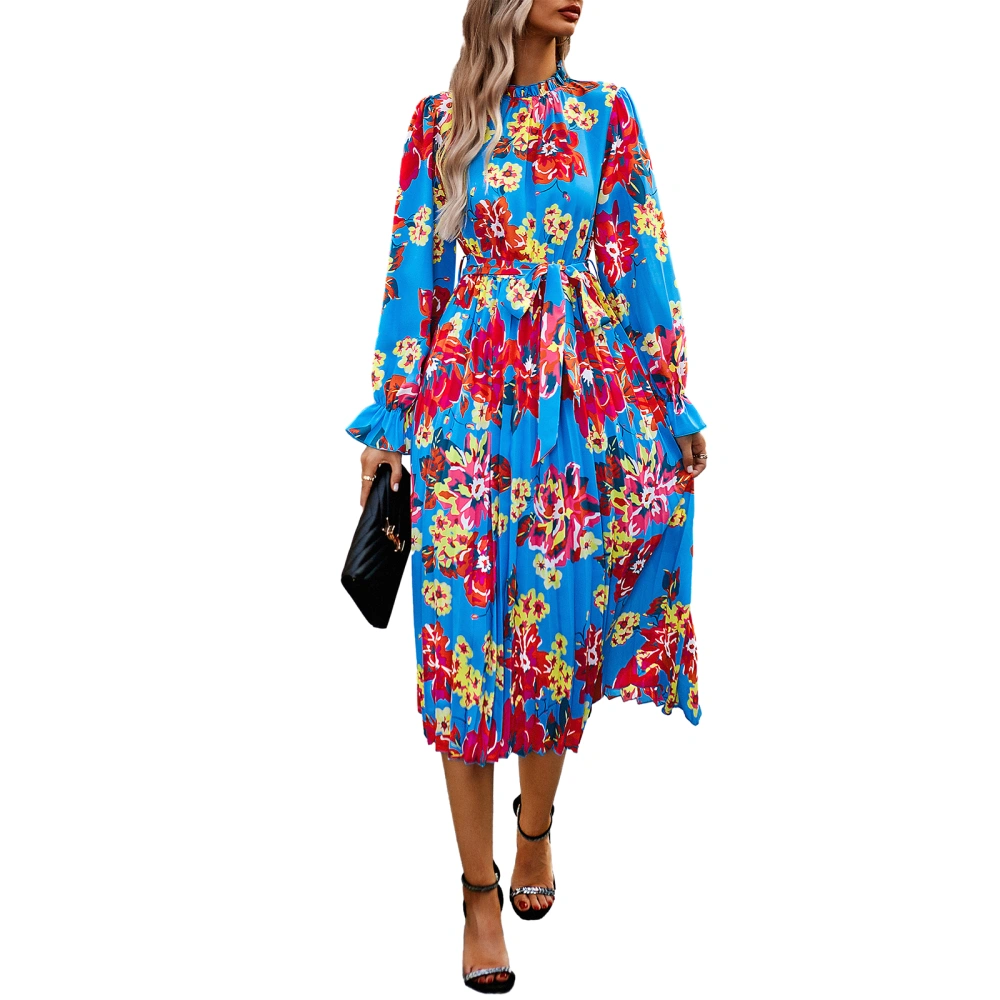 Women Midi A-Line Dress Long Sleeve Stand Collar Flowy Vacation Dress