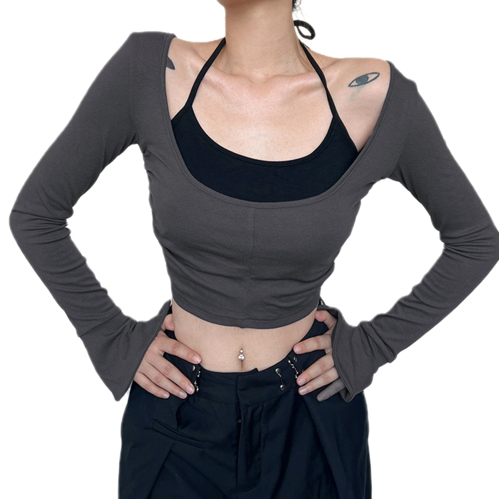 Women's Halter Cami Tops, Solid Long Sleeve Crop Tops + Camisole 