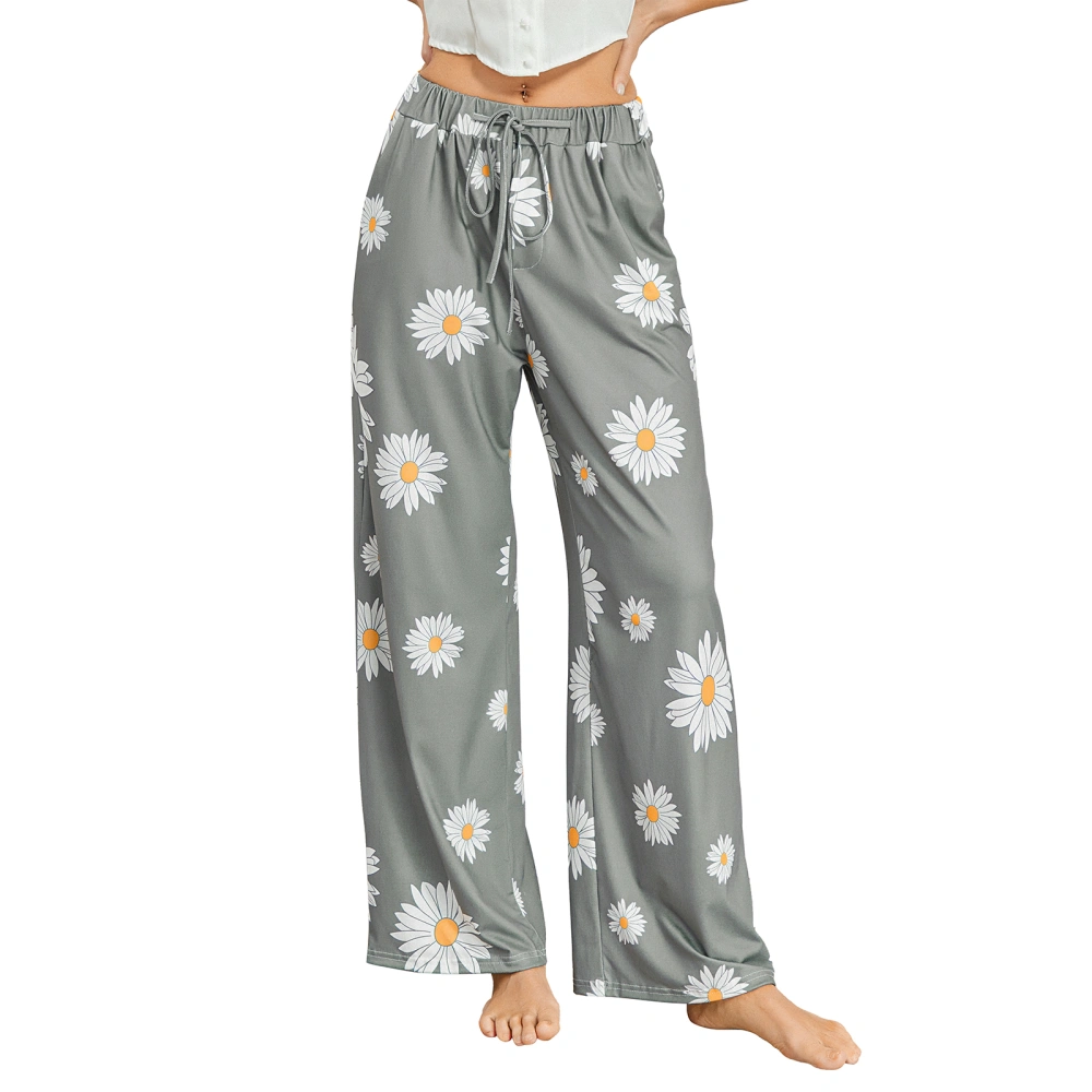 Women Pajama Pants Elastic Waist Sunflower Print Wide Leg Lounge Pants