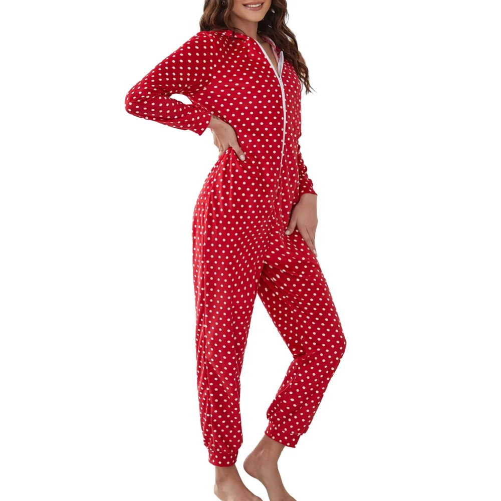 Women Christmas Jumpsuit, Long Sleeve Hooded Elk Dots Loungewear