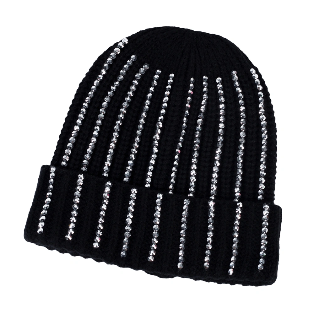 Women Fashion Beanie Handmade Knitted Hat Rhinestone Decor Cap