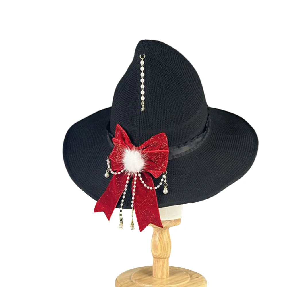 Halloween Lolita Witch Hats Women Bowknot Wide Brim Pointed Cap