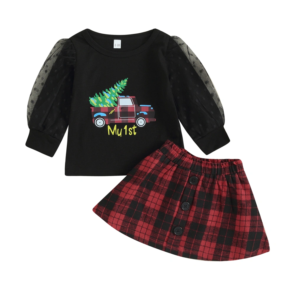 Girl Black Long Sleeve Truck Letter Print Tops Button Plaid Skirt Set