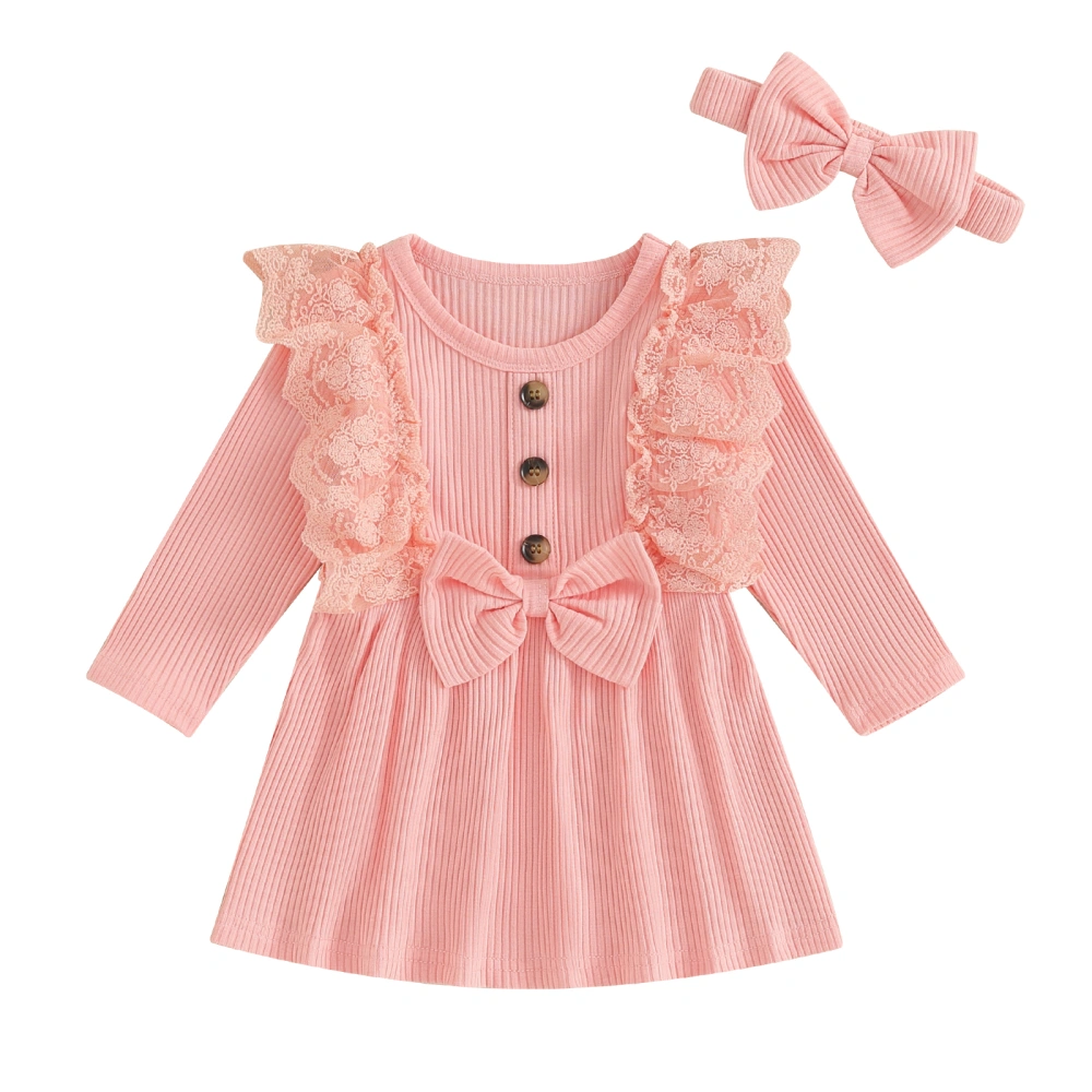 Toddler Girl 2 Piece Outfits Lace Patchwork Ribbed Dress and Headband 