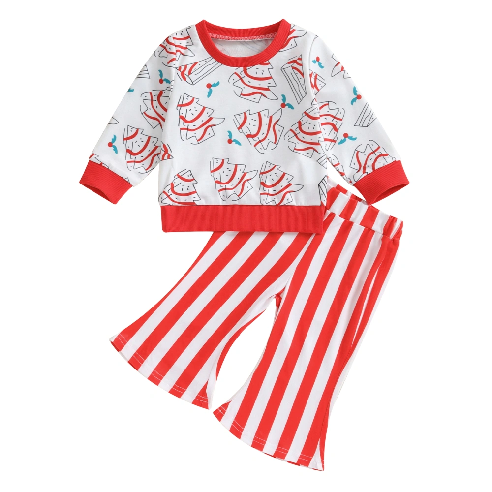 Girls Long Sleeve Christmas Tree Print Tops Striped Flared Pants Sets