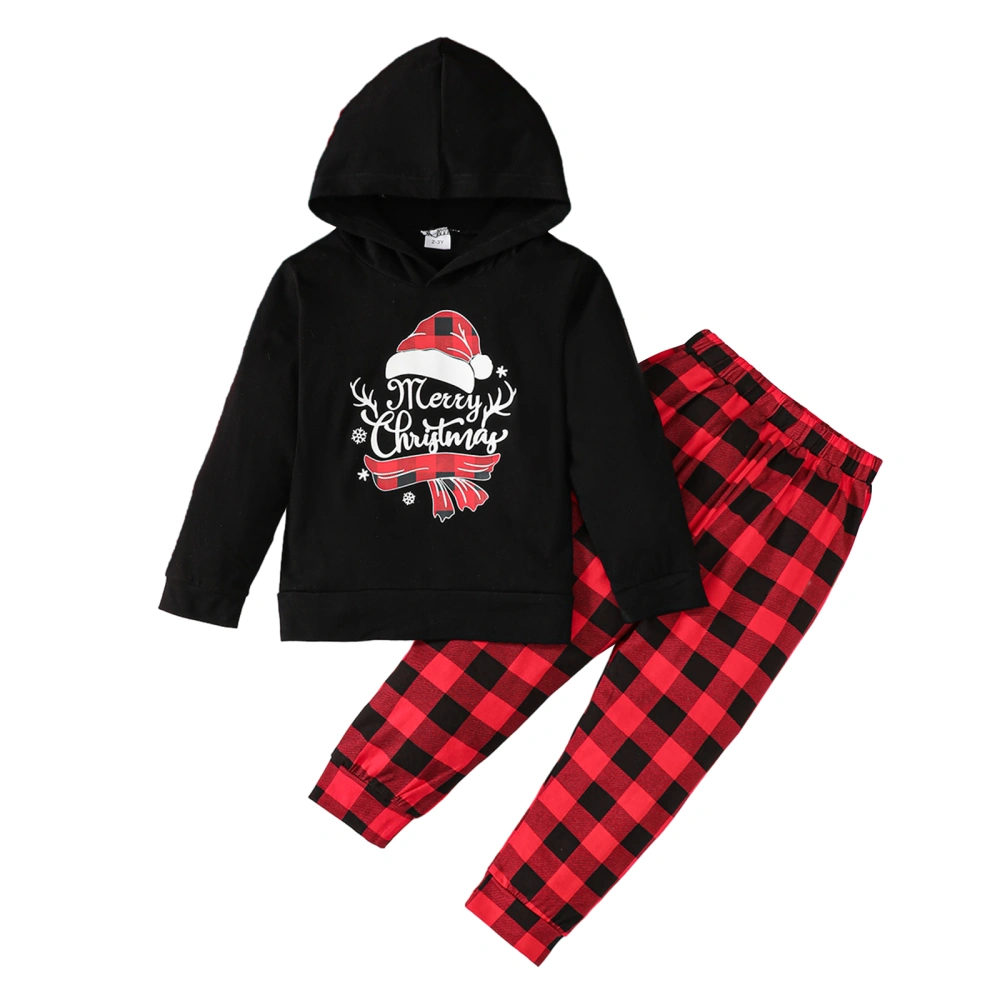 Boy Christmas Black Letter Santa Hat Print Hoodie and Plaid Pants Sets