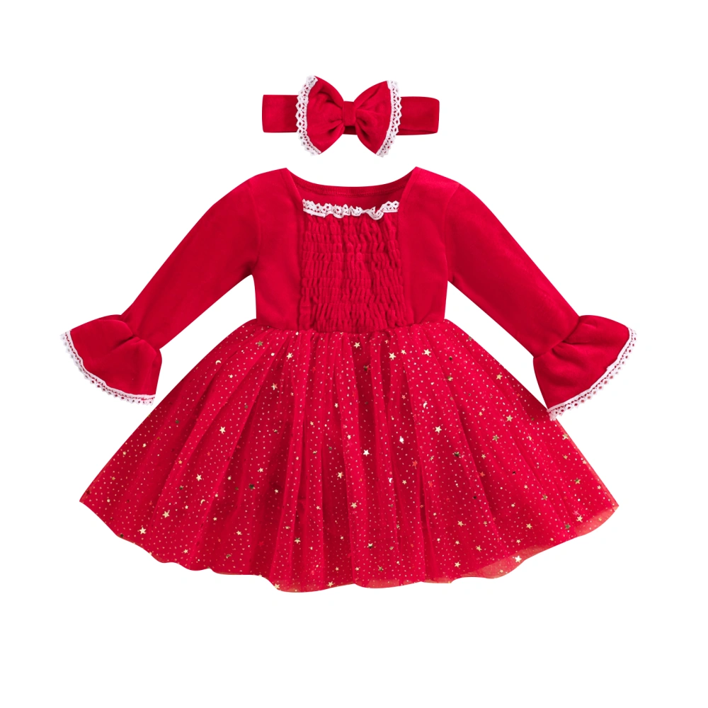 Girls Dress Christmas Clothes Sequins Stars Dress with Headband