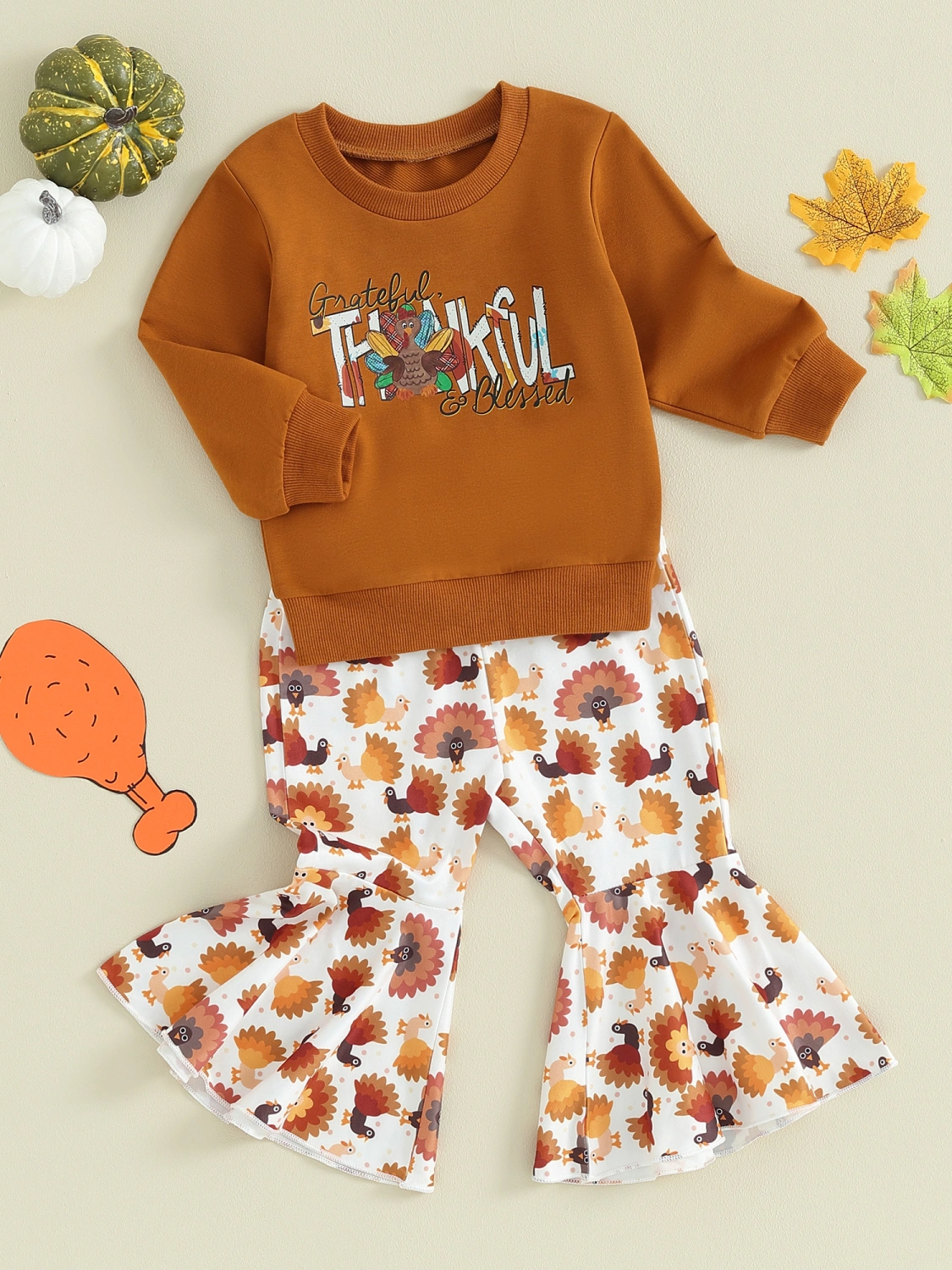 Thanksgiving Girls Pants Set Letters Sweatshirt Turkey Print Pants