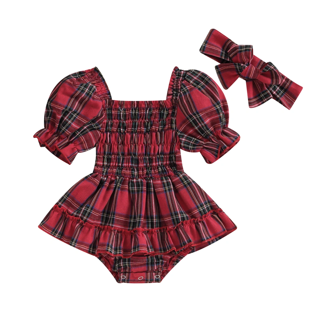 Girls Christmas Romper Dress Plaid Short Sleeve Jumpsuit + Headband